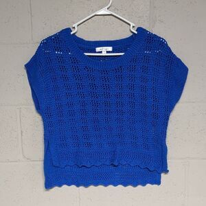 Cobalt Blue Hollow Knit Short Sleeve Cropped Sweater Size Small